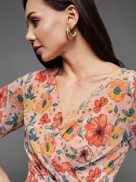 Indo Western Mustard Yellow Floral Printed V-Neck Basic Jumpsuit For Women VitansEthnics