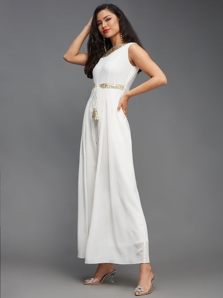 Indo Western Off White & Peach Floral Printed V-Neck Basic Jumpsuit For Women (Copy) VitansEthnics