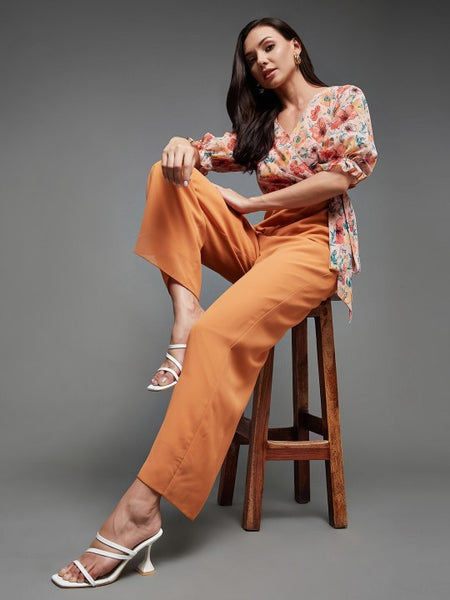 Indo Western Mustard Yellow Floral Printed V-Neck Basic Jumpsuit For Women VitansEthnics