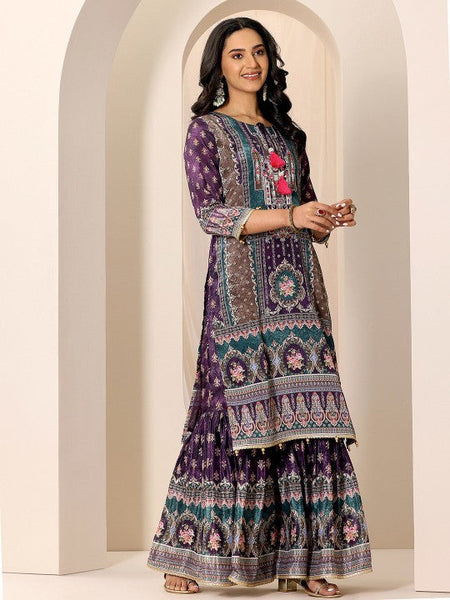 Women Ethnic Motifs Printed Tie-Up Neck Kurta With Sharara And Dupatta Indian Suit Set VitansEthnics