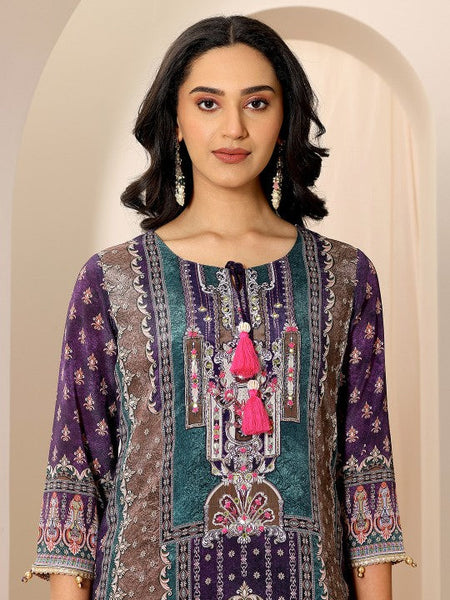 Women Ethnic Motifs Printed Tie-Up Neck Kurta With Sharara And Dupatta Indian Suit Set VitansEthnics