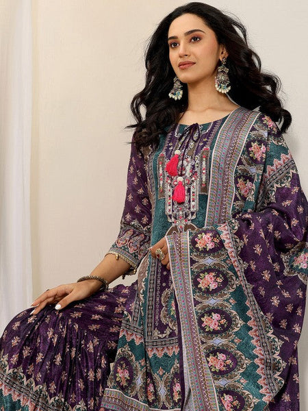 Women Ethnic Motifs Printed Tie-Up Neck Kurta With Sharara And Dupatta Indian Suit Set VitansEthnics