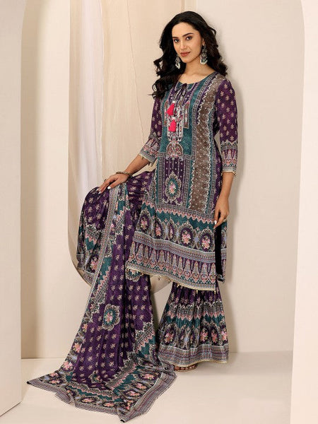 Women Ethnic Motifs Printed Tie-Up Neck Kurta With Sharara And Dupatta Indian Suit Set VitansEthnics