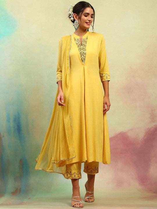 Women Yellow Floral Yoke Design Mandarin Collar A-Line Kurta with Trousers & Dupatta VitansEthnics