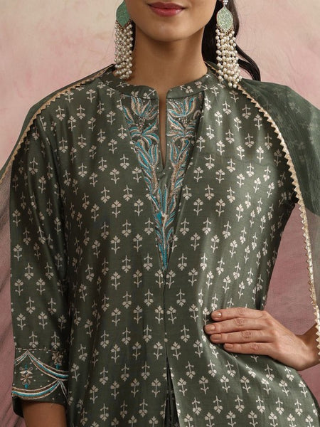 Floral Printed Mandarin Collar Zari Work A-Line Kurta With Palazzos & Dupatta (Copy) VitansEthnics