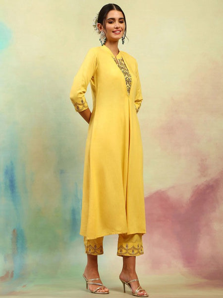 Women Yellow Floral Yoke Design Mandarin Collar A-Line Kurta with Trousers & Dupatta VitansEthnics