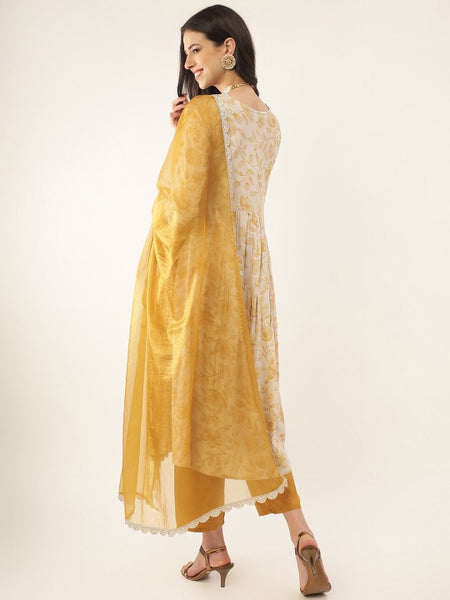 Women Yellow Floral Printed Thread Work Sequined Kurta with Palazzos & Dupatta Set VitansEthnics