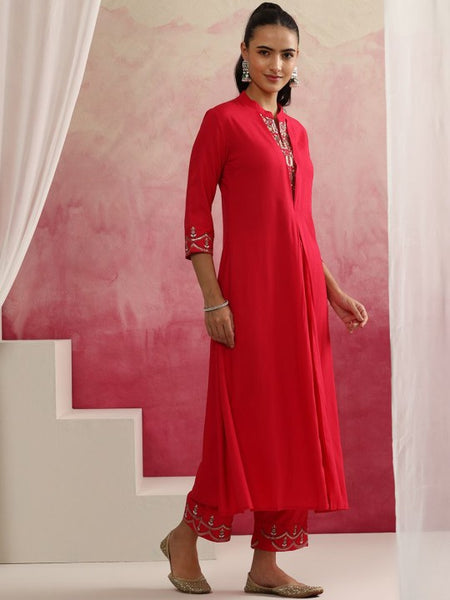 Women Pink Floral Yoke Design Mandarin Collar A-Line Kurta with Trousers & Dupatta (Copy) VitansEthnics