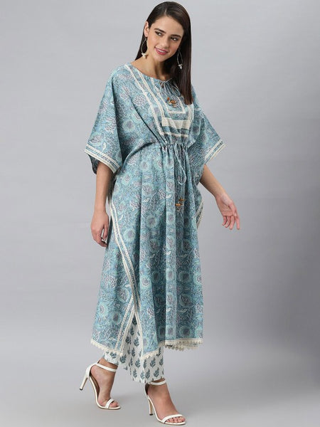 Women Blue Ethnic Motifs Printed Gotta Patti Pure Cotton Kurta with Palazzos VitansEthnics