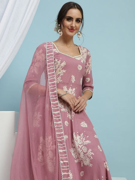 Floral Printed Sequinned Sweetheart Neck Anarkali Kurta With Palazzo & Dupatta VitansEthnics