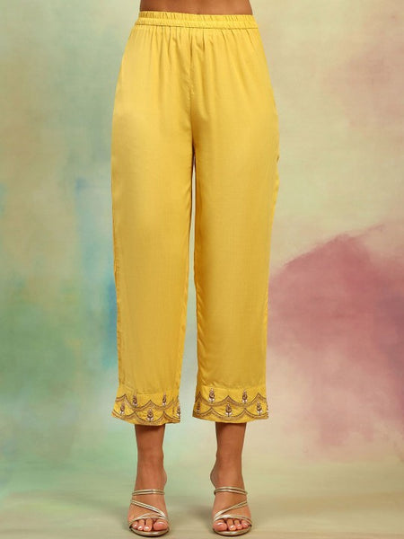 Women Yellow Floral Yoke Design Mandarin Collar A-Line Kurta with Trousers & Dupatta VitansEthnics