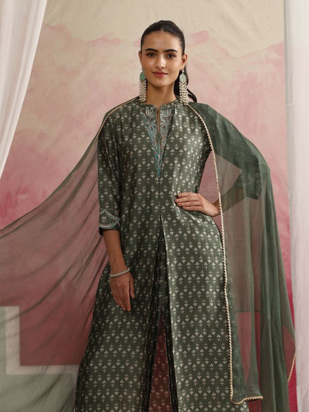 Floral Printed Mandarin Collar Zari Work A-Line Kurta With Palazzos & Dupatta (Copy) VitansEthnics