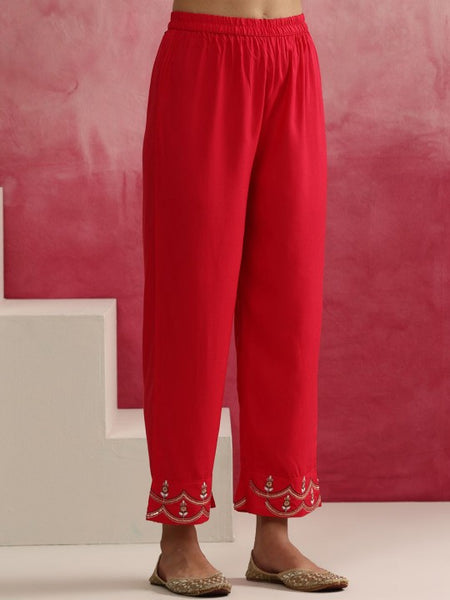 Women Pink Floral Yoke Design Mandarin Collar A-Line Kurta with Trousers & Dupatta (Copy) VitansEthnics
