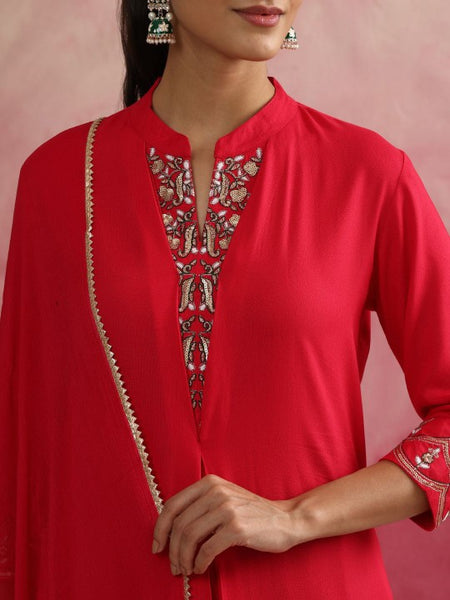 Women Pink Floral Yoke Design Mandarin Collar A-Line Kurta with Trousers & Dupatta (Copy) VitansEthnics
