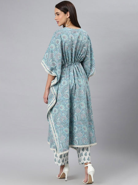 Women Blue Ethnic Motifs Printed Gotta Patti Pure Cotton Kurta with Palazzos VitansEthnics