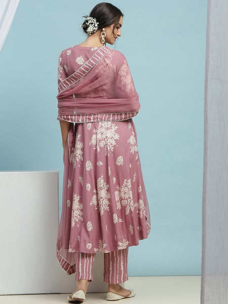 Floral Printed Sequinned Sweetheart Neck Anarkali Kurta With Palazzo & Dupatta VitansEthnics