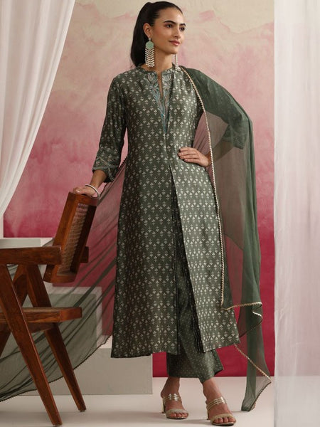 Floral Printed Mandarin Collar Zari Work A-Line Kurta With Palazzos & Dupatta (Copy) VitansEthnics