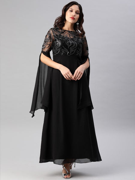 Black Embellished Chiffon Maxi Dress for Women (Copy) VitansEthnics