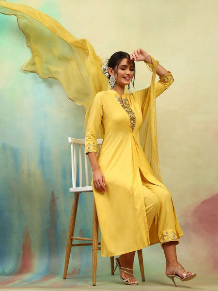 Women Yellow Floral Yoke Design Mandarin Collar A-Line Kurta with Trousers & Dupatta VitansEthnics