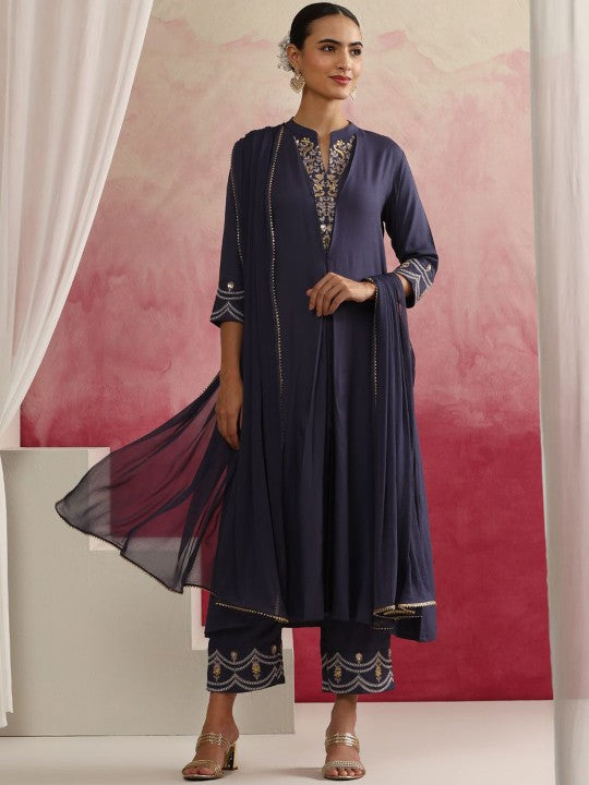 Women Floral Yoke Design Mandarin Collar A-Line Kurta with Trousers & Dupatta (Copy) VitansEthnics