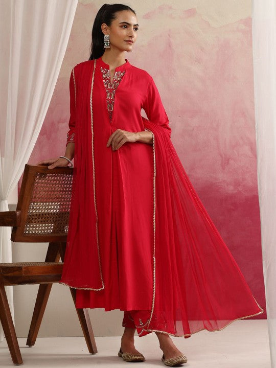 Women Pink Floral Yoke Design Mandarin Collar A-Line Kurta with Trousers & Dupatta (Copy) VitansEthnics