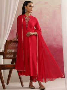 Women Pink Floral Yoke Design Mandarin Collar A-Line Kurta with Trousers & Dupatta (Copy) VitansEthnics