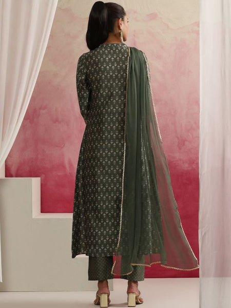 Floral Printed Mandarin Collar Zari Work A-Line Kurta With Palazzos & Dupatta (Copy) VitansEthnics