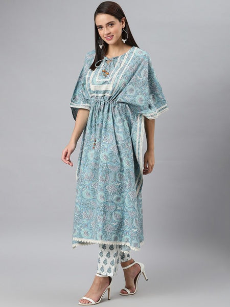 Women Blue Ethnic Motifs Printed Gotta Patti Pure Cotton Kurta with Palazzos VitansEthnics