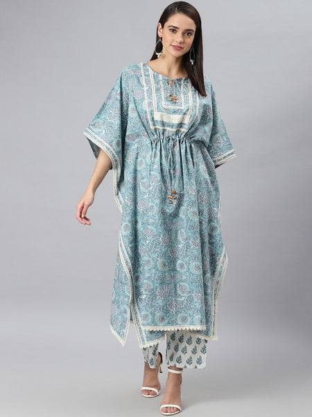 Women Blue Ethnic Motifs Printed Gotta Patti Pure Cotton Kurta with Palazzos VitansEthnics