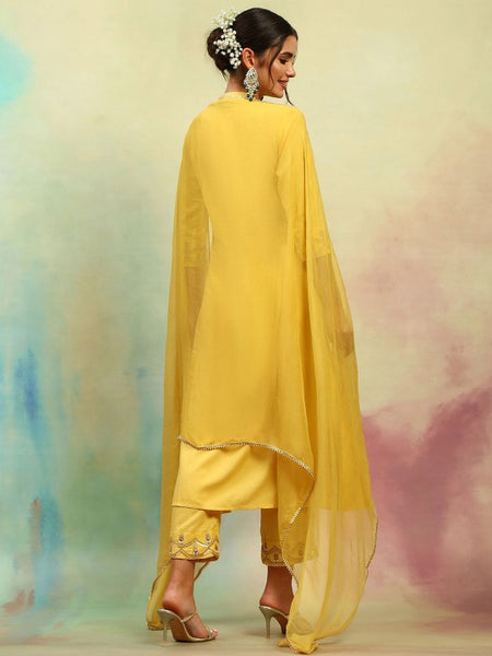 Women Yellow Floral Yoke Design Mandarin Collar A-Line Kurta with Trousers & Dupatta VitansEthnics