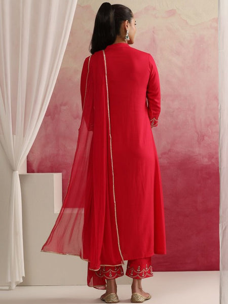Women Pink Floral Yoke Design Mandarin Collar A-Line Kurta with Trousers & Dupatta (Copy) VitansEthnics