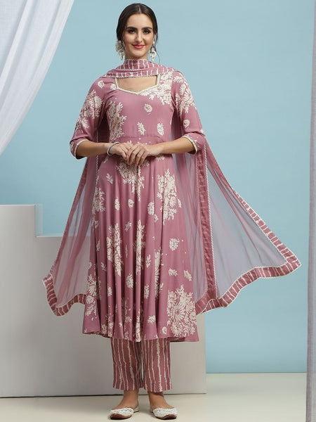 Floral Printed Sequinned Sweetheart Neck Anarkali Kurta With Palazzo & Dupatta VitansEthnics