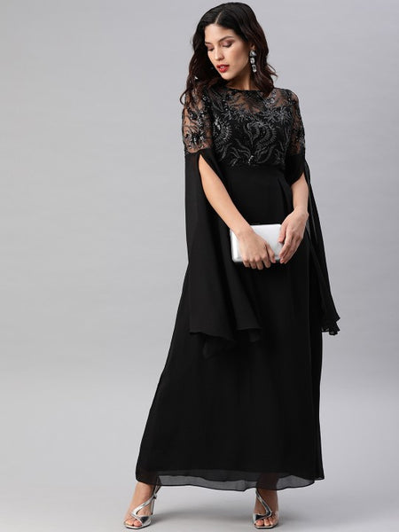 Black Embellished Chiffon Maxi Dress for Women (Copy) VitansEthnics