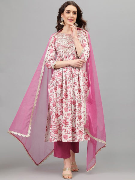 Women Pink Floral Printed Thread Work Sequined Kurta with Palazzos & Dupatta Set (Copy) VitansEthnics