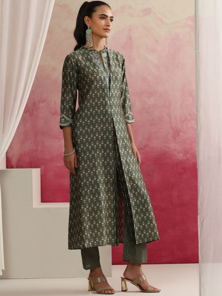 Floral Printed Mandarin Collar Zari Work A-Line Kurta With Palazzos & Dupatta (Copy) VitansEthnics