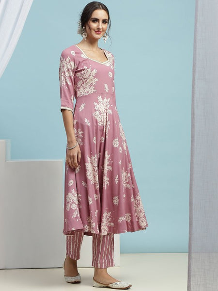 Floral Printed Sequinned Sweetheart Neck Anarkali Kurta With Palazzo & Dupatta VitansEthnics