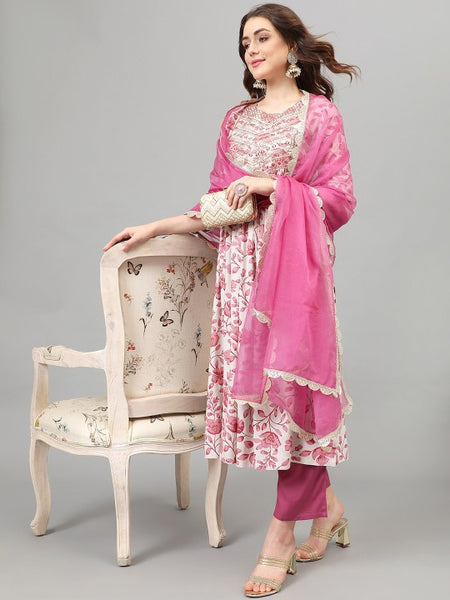 Women Pink Floral Printed Thread Work Sequined Kurta with Palazzos & Dupatta Set (Copy) VitansEthnics