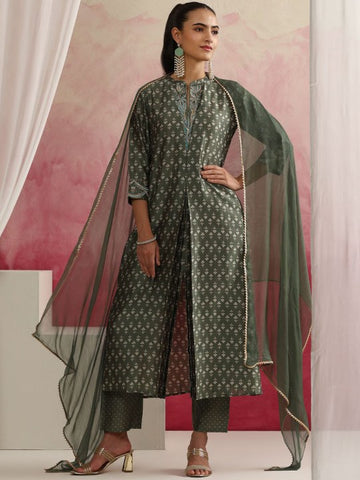 Floral Printed Mandarin Collar Zari Work A-Line Kurta With Palazzos & Dupatta (Copy) VitansEthnics