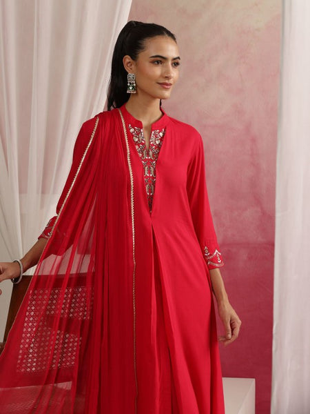 Women Pink Floral Yoke Design Mandarin Collar A-Line Kurta with Trousers & Dupatta (Copy) VitansEthnics