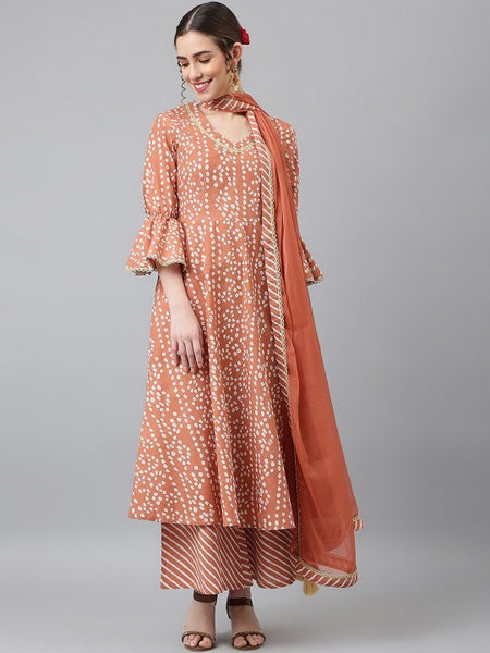 Women Brown Ethnic Motifs Printed Pure Cotton Kurta with Palazzos & Dupatta Set (Copy) VitansEthnics