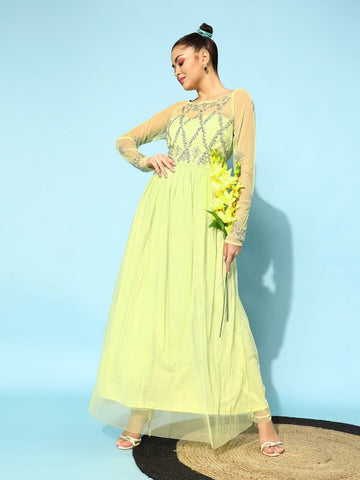 Women Lime Green Fit and Flare Long Sleeves Embellished Maxi Dress vitansethnics