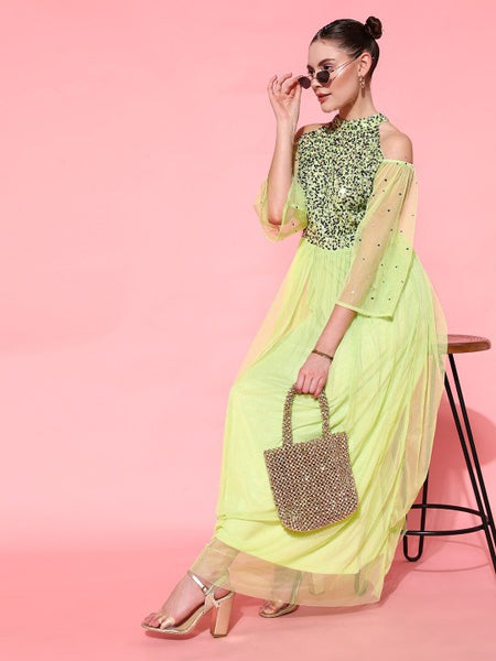 Women Lime Green Fit and Flare Slit Sleeves Embellished Maxi Dress vitansethnics