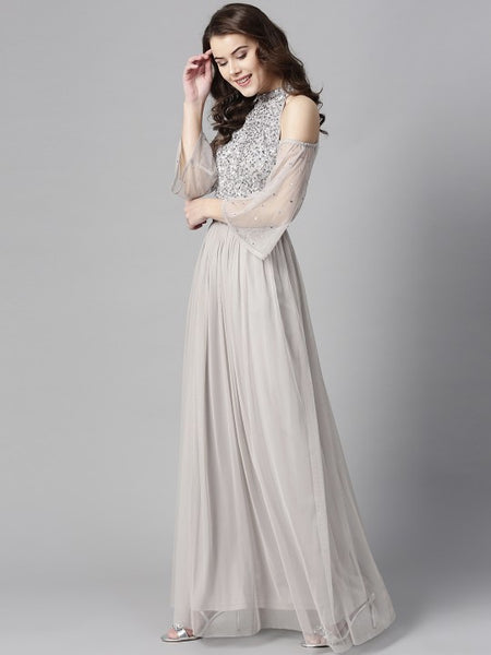Women Grey Fit and Flare Slit Sleeves Sequinned Maxi Dress vitansethnics