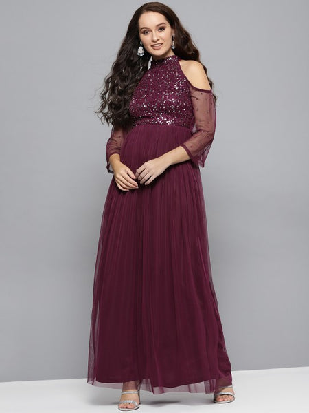 Women Cold-Shoulder Embellished Detail Maxi Dress vitansethnics