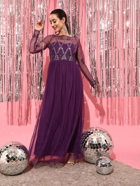 Women Checked Fit and Flare Long Sleeves Maxi Dress vitansethnics