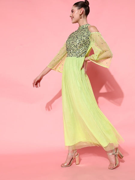 Women Lime Green Fit and Flare Slit Sleeves Embellished Maxi Dress vitansethnics