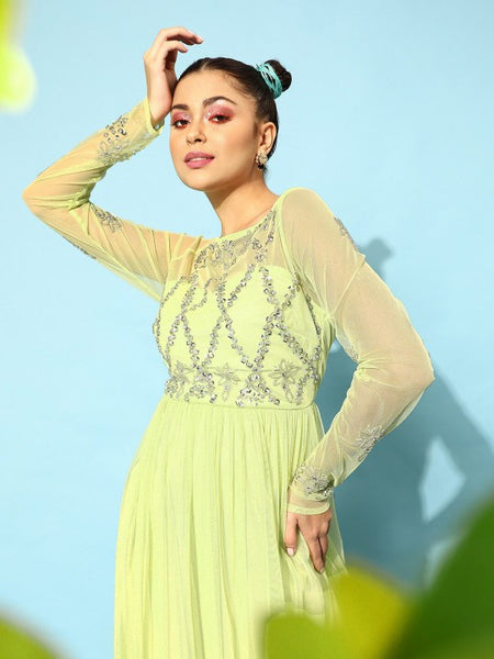 Women Lime Green Fit and Flare Long Sleeves Embellished Maxi Dress vitansethnics