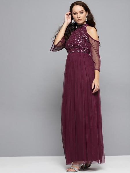 Women Cold-Shoulder Embellished Detail Maxi Dress vitansethnics
