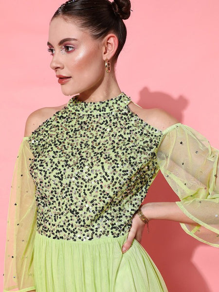 Women Lime Green Fit and Flare Slit Sleeves Embellished Maxi Dress vitansethnics