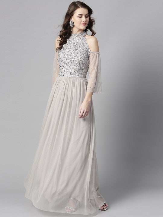 Women Grey Fit and Flare Slit Sleeves Sequinned Maxi Dress vitansethnics
